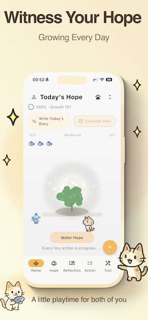 Hope Tree home screen with tree growth visualization and gentle journaling interface