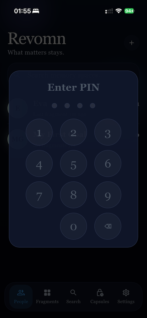 Unlock PIN screen in Revomn